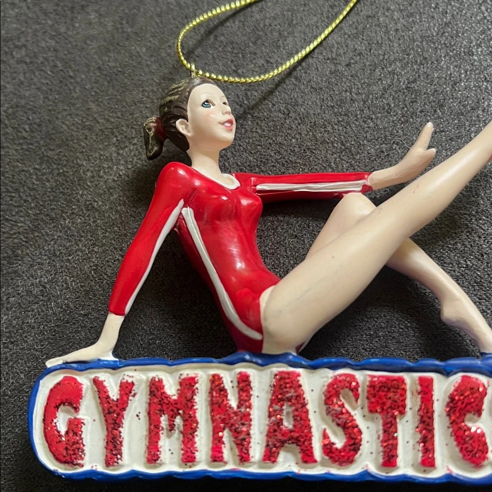 Brunette Brown Hair Girl Gymnast Gymnastic Ornament Red Uniform, Hanging Cord